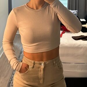 Tan Fitted Crop Top with Long Sleeves